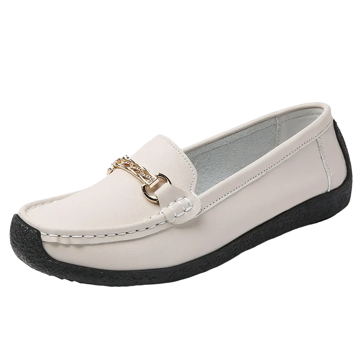 Cream-colored leather chain loafers with gold-toned metal buckle and black rubber sole low heel flats