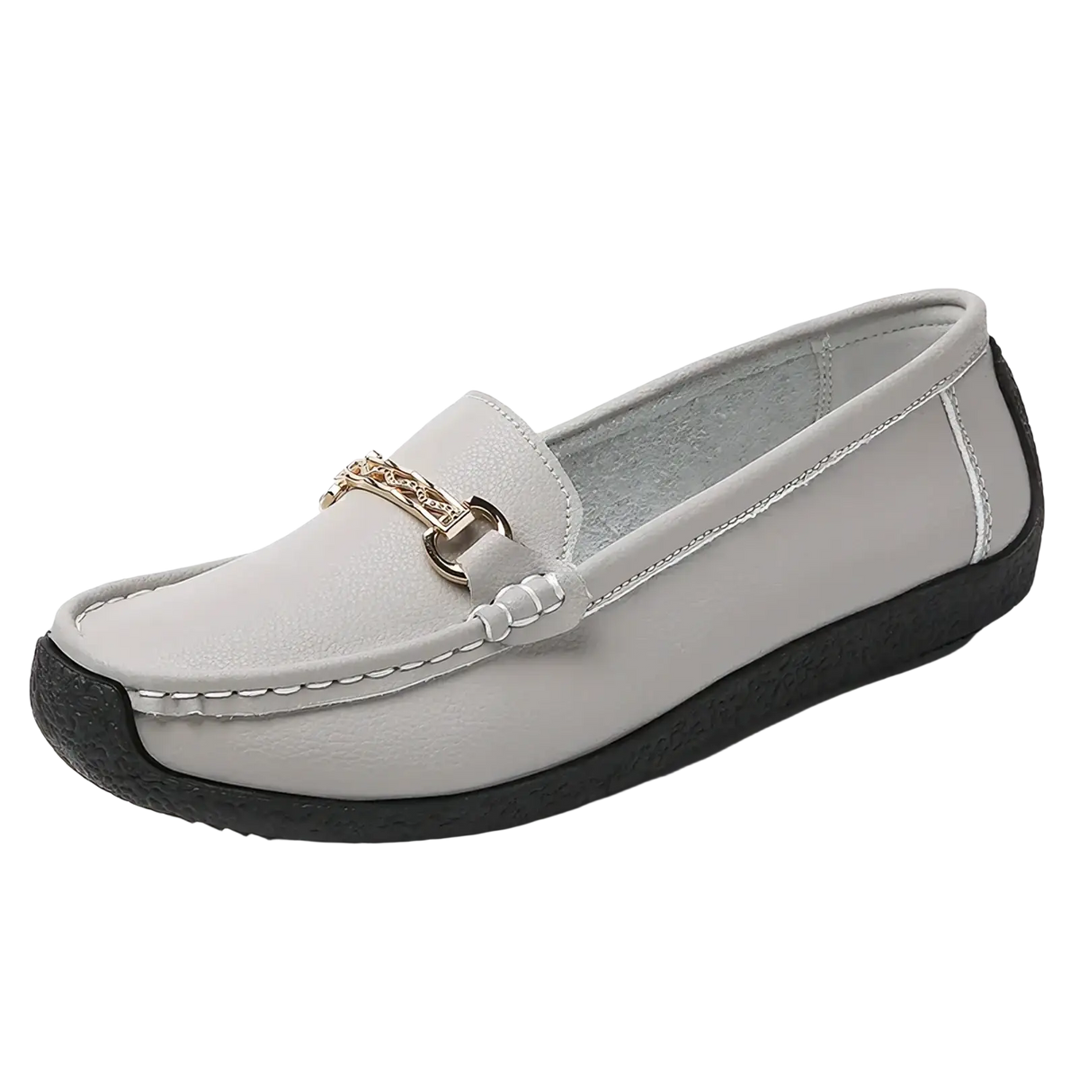 Light gray leather chain loafers low heel flats with a gold-toned chain and buckle accent