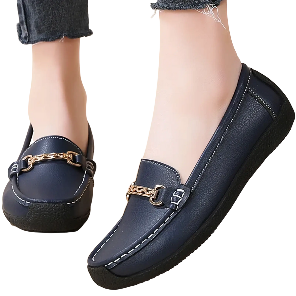 Navy blue leather chain loafers with gold-tone buckle and white stitching low heel flats for formal wear