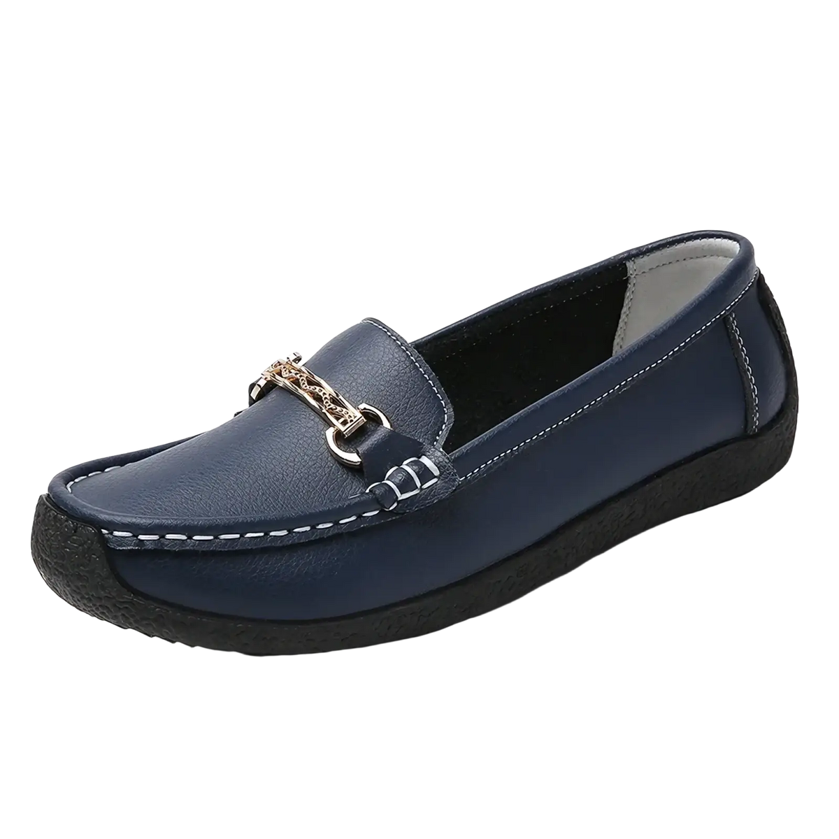 Navy blue leather chain loafers low heel flats featuring a gold toned chain detail on the front