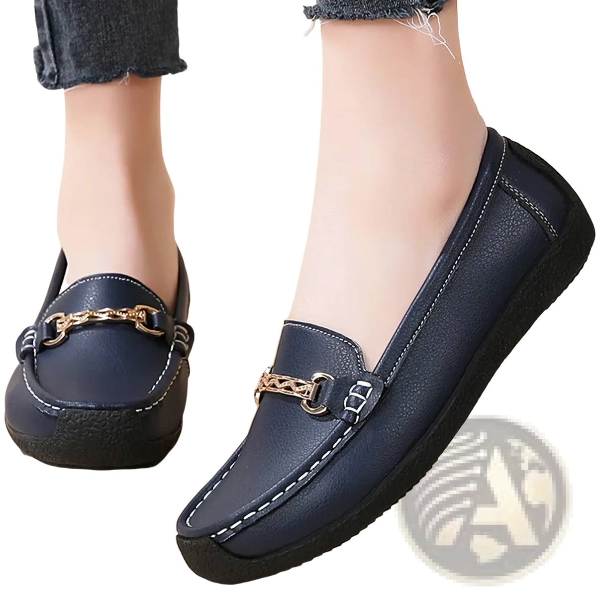 Navy blue leather chain loafers with gold-tone buckle and white stitching low heel flats for formal wear