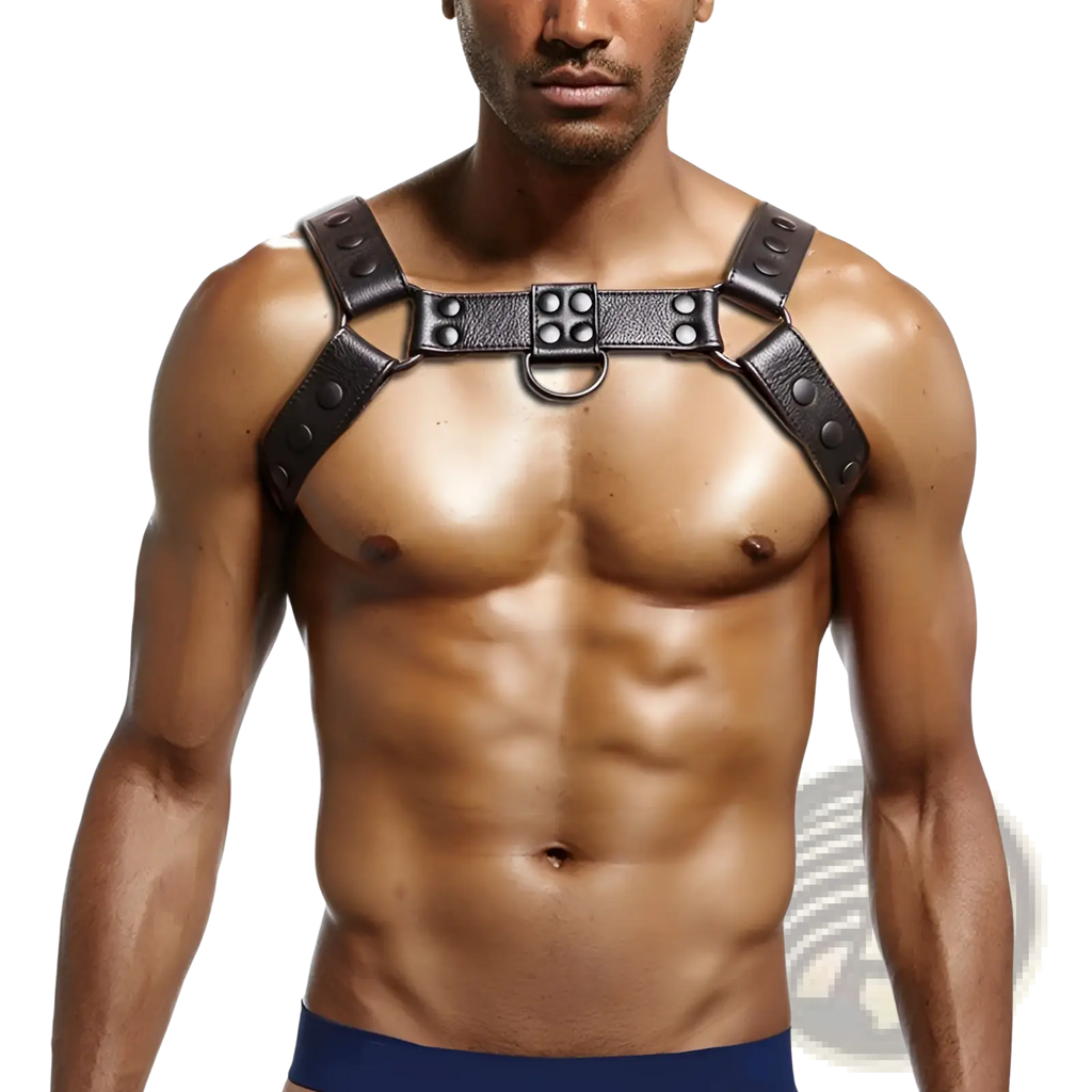Black leather chest strap men’s faux leather bondage harness with adjustable straps and metal hardware