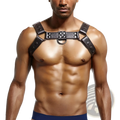 Black leather chest strap men’s faux leather bondage harness with adjustable straps and metal hardware