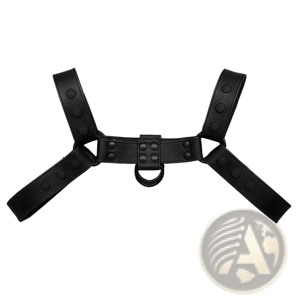 Black leather chest strap men’s faux leather bondage harness with circular studs and central d-ring detail