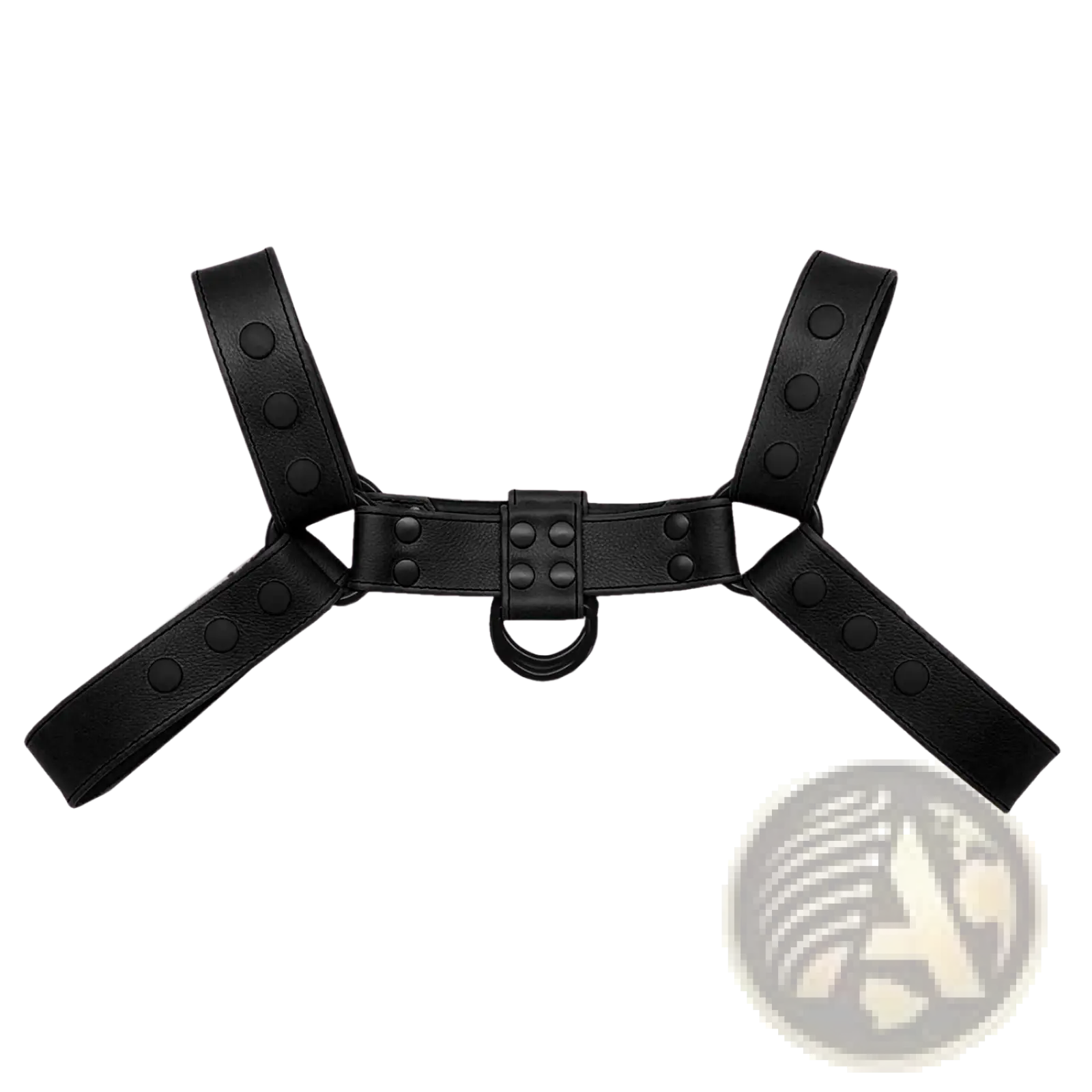 Black leather chest strap men’s faux leather bondage harness with circular studs and central d-ring detail