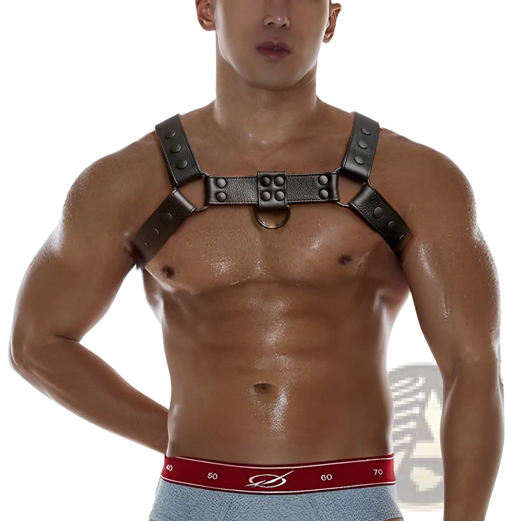 Black leather chest strap men’s faux leather bondage harness with metallic studs and central ring
