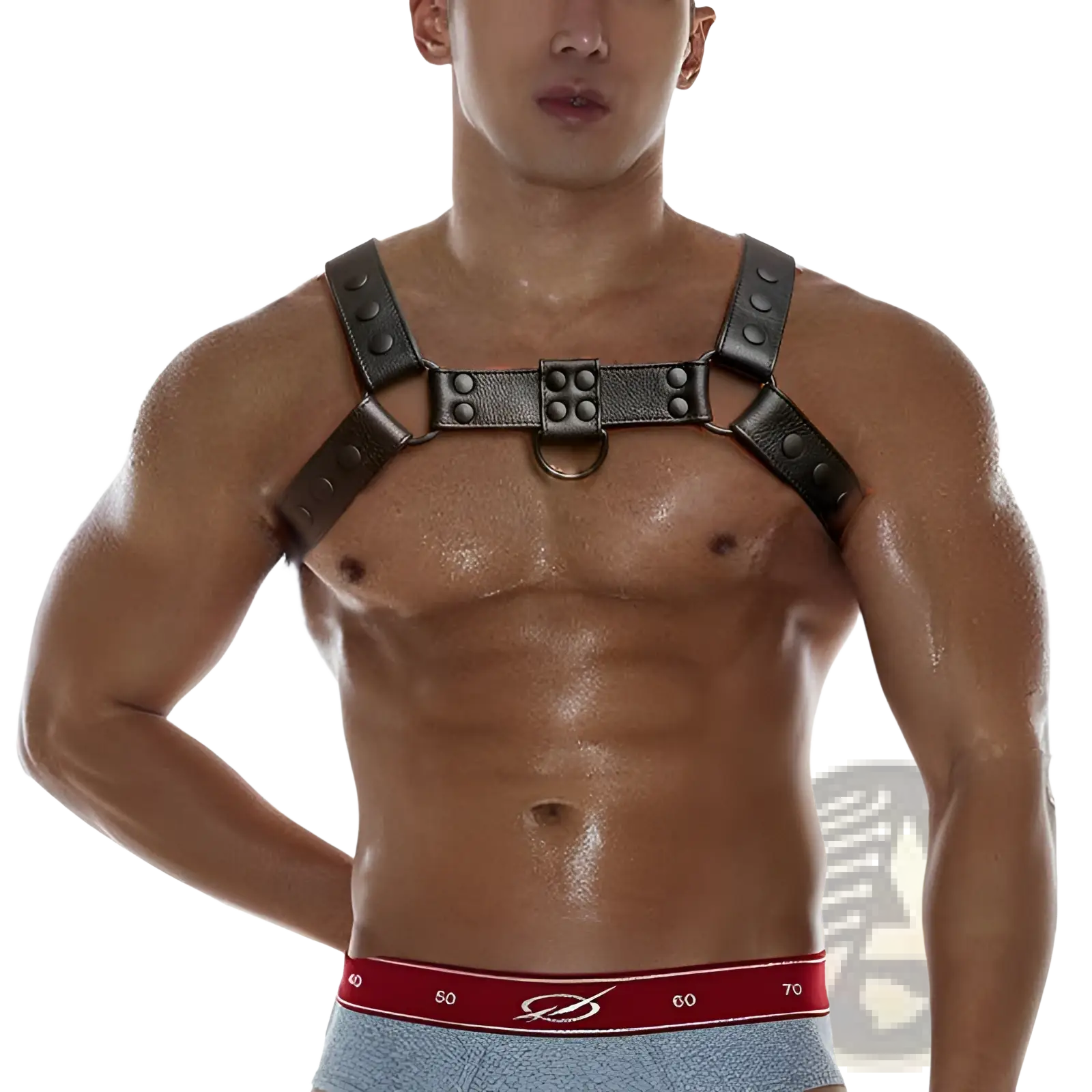 Black leather chest strap men’s faux leather bondage harness with metallic studs and central ring