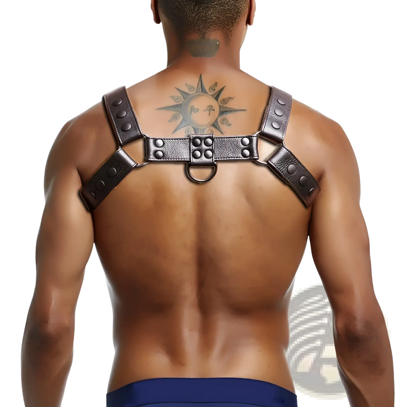 Black leather chest strap men’s faux leather bondage harness with silver-toned metal hardware and central ring