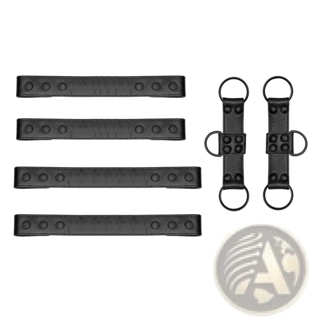 Set of four black faux leather bondage straps with circular metal rings and button details for men’s chest harness
