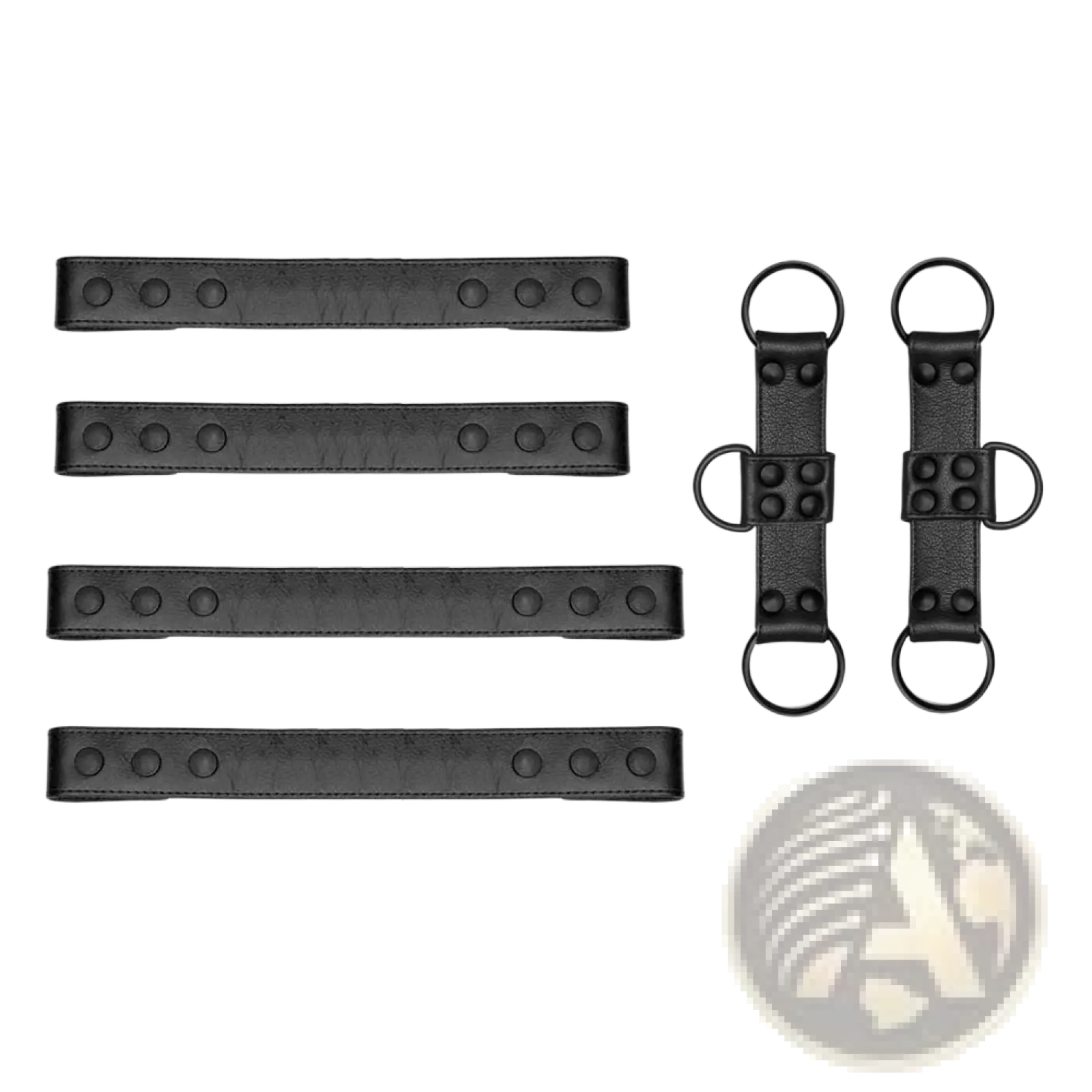 Set of four black faux leather bondage straps with circular metal rings and button details for men’s chest harness
