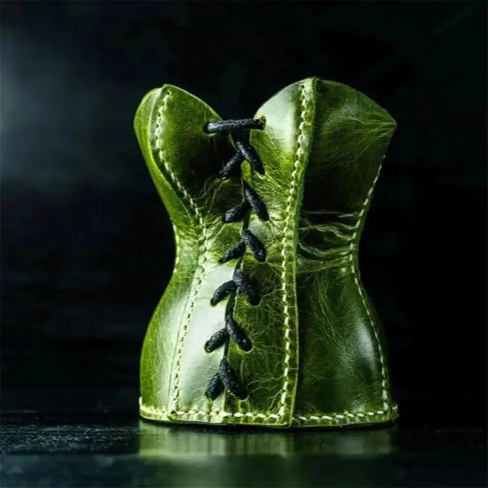Handcrafted leather corset desk organizer and pen holder in vintage olive green leather with black lacing and stitching