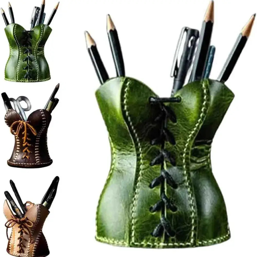 Handcrafted green leather corset desk organizer and pen holder with black lacing and contrasting stitching