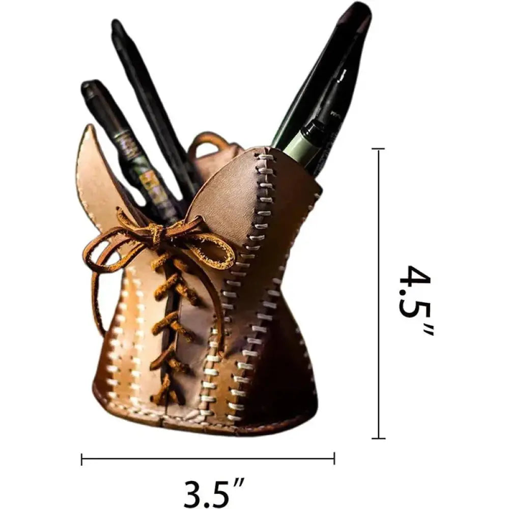 Handcrafted brown leather corset desk organizer and pen holder with lace-up detailing and tied bow design