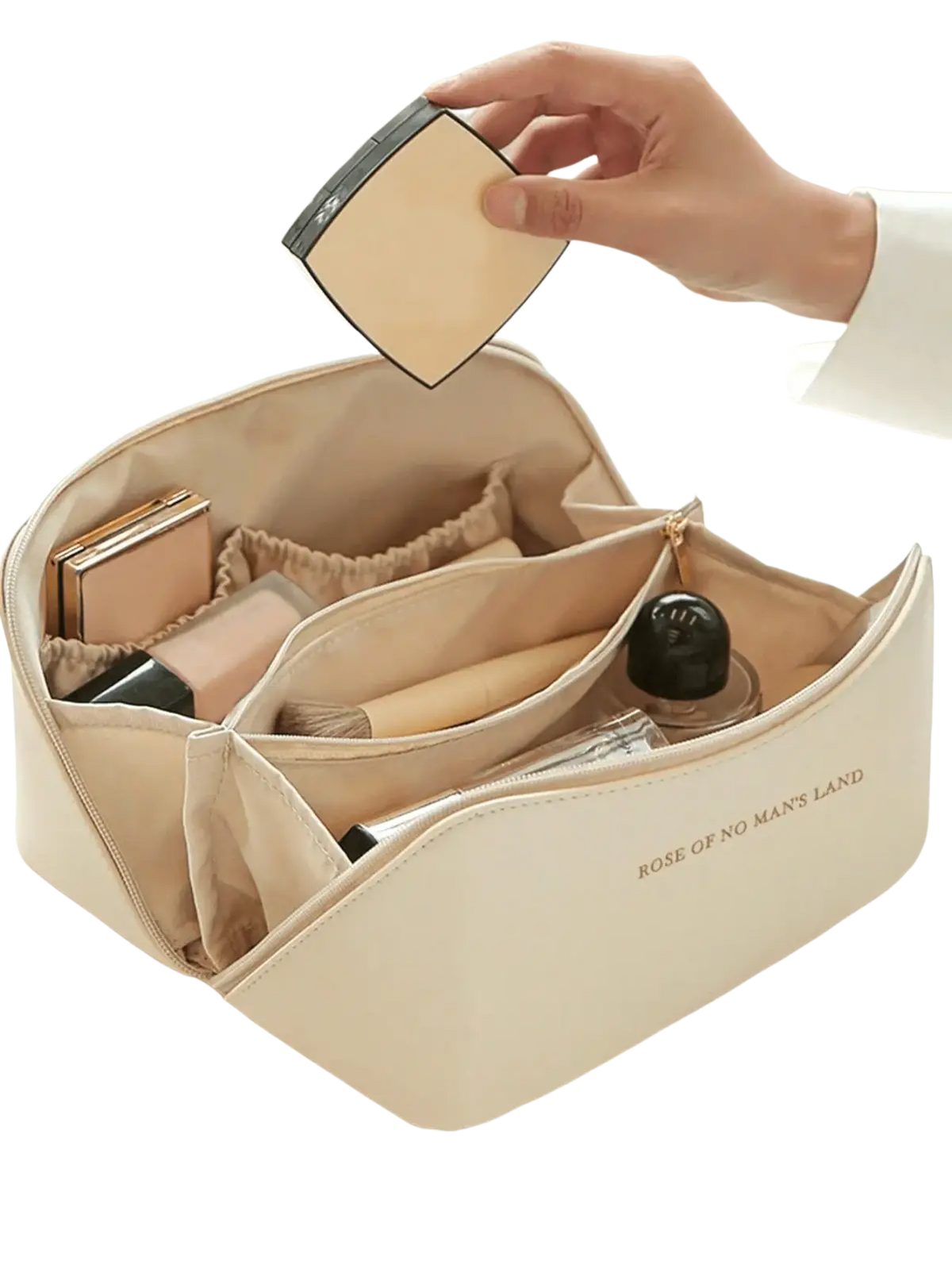 Beige leather cosmetic bag makeup organizer with internal compartments and rose of no mans land embroidery in gold thread