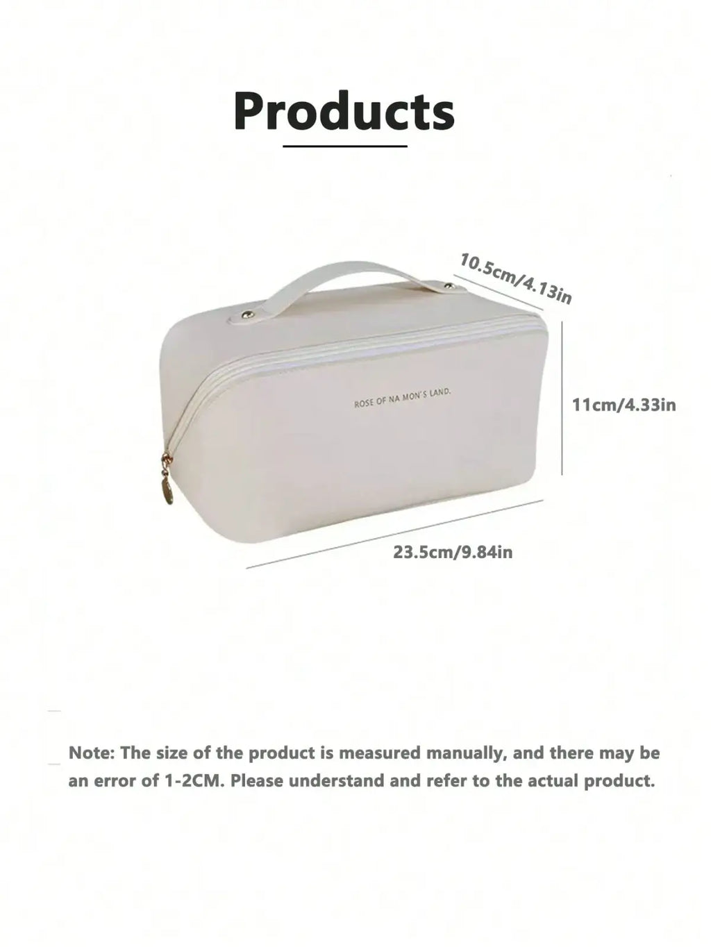 Beige leather cosmetic bag with top handle zipper closure and embossed text for makeup organizer toiletry kit