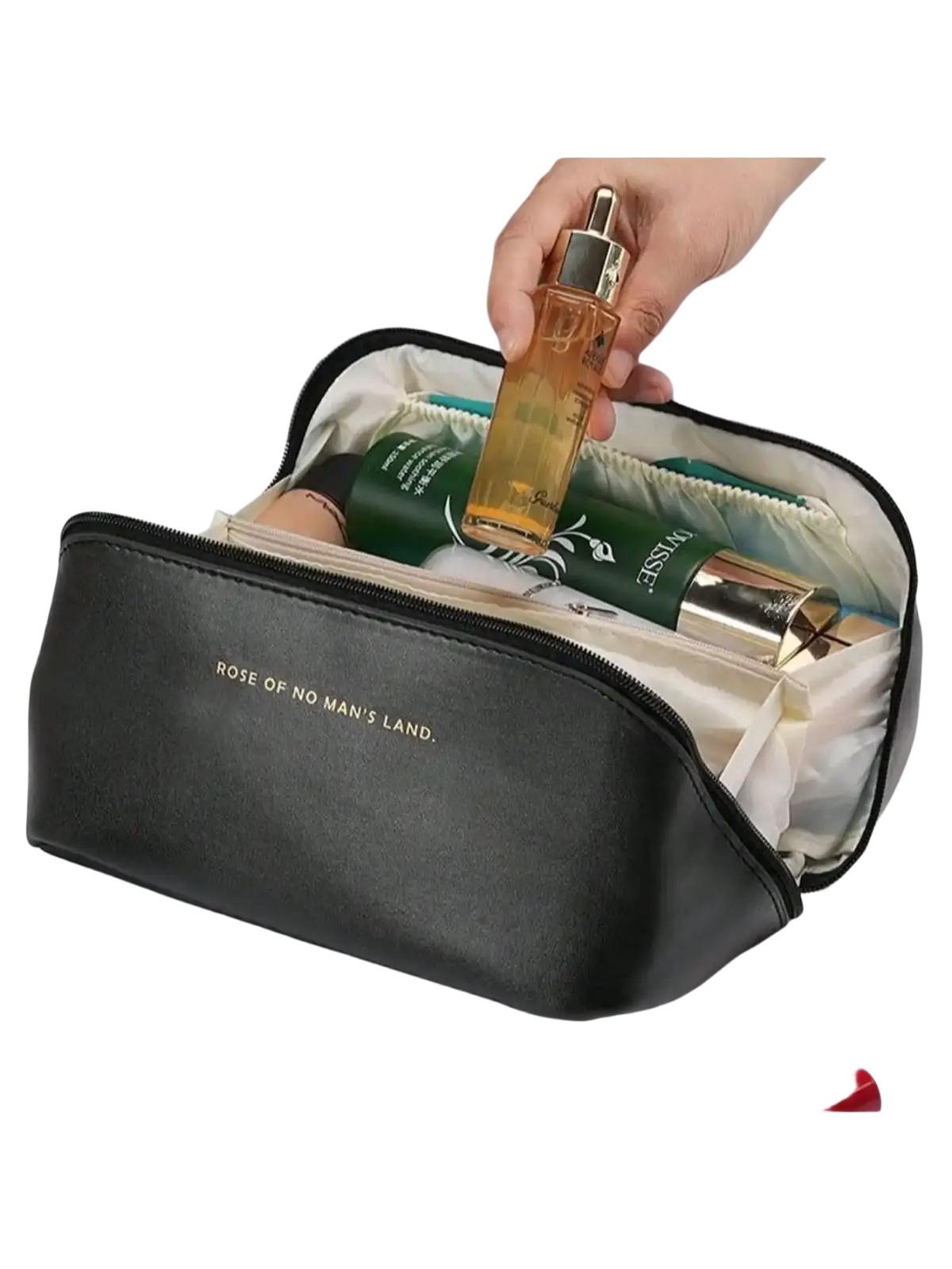 Black leather cosmetic bag with gold foil text rose of no mans land for makeup organization and toiletry storage