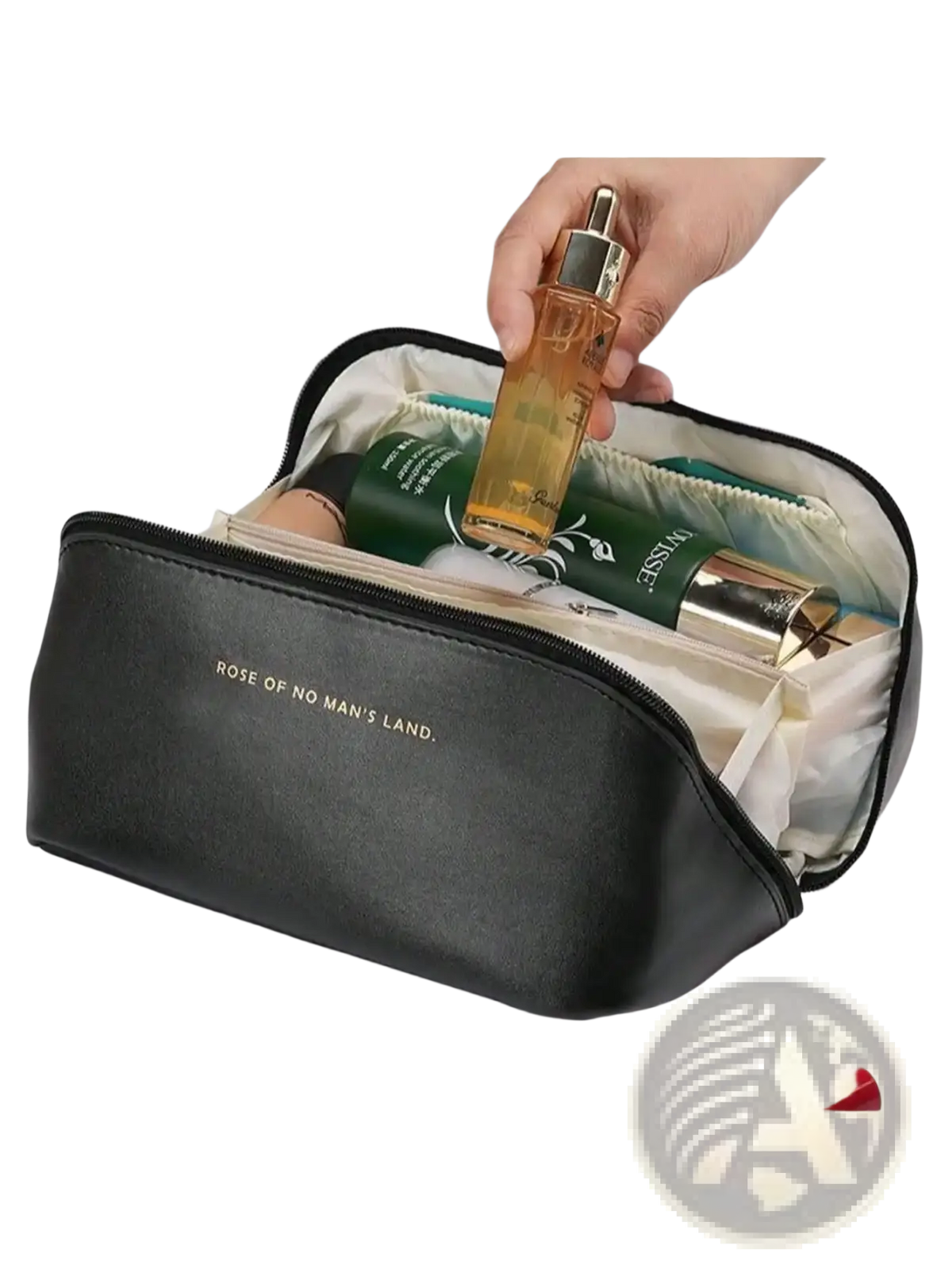 Black leather cosmetic bag with gold foil text rose of no mans land for makeup organization and toiletry storage