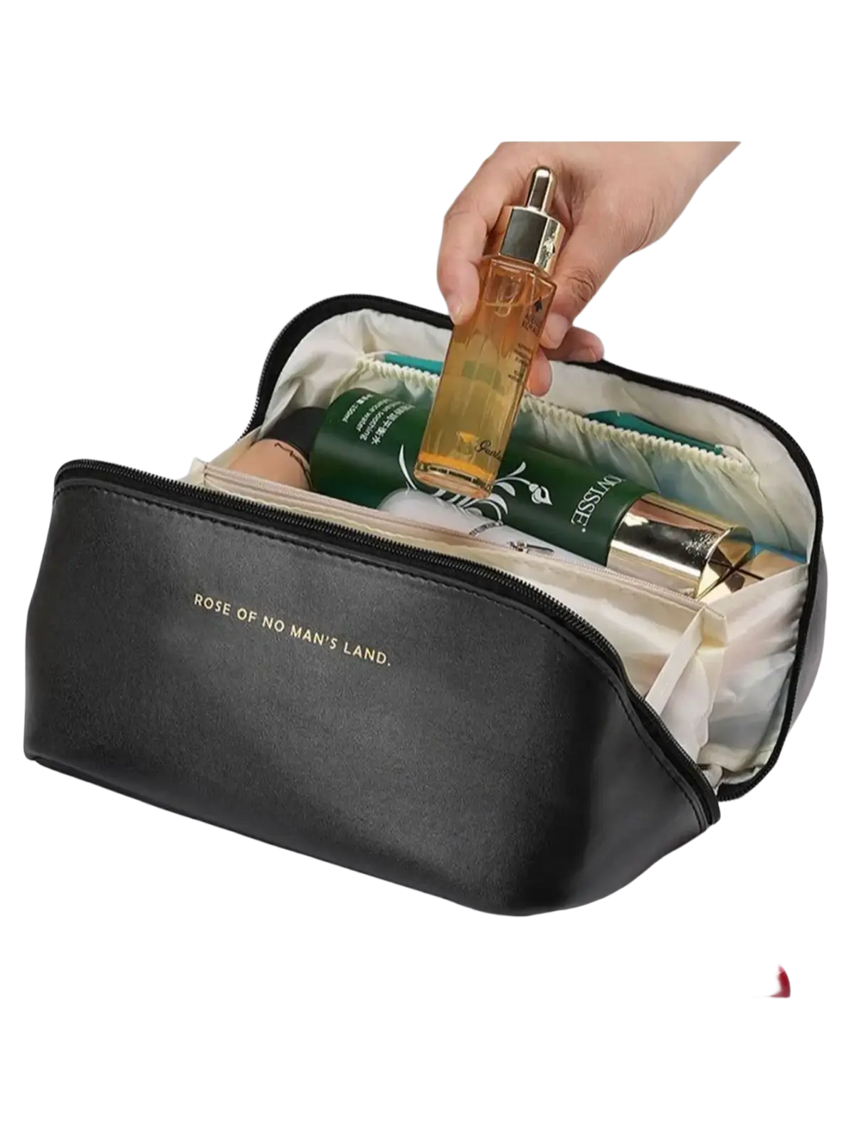 Black leather cosmetic bag with gold foil rose of no mans land text makeup organizer toiletry kit