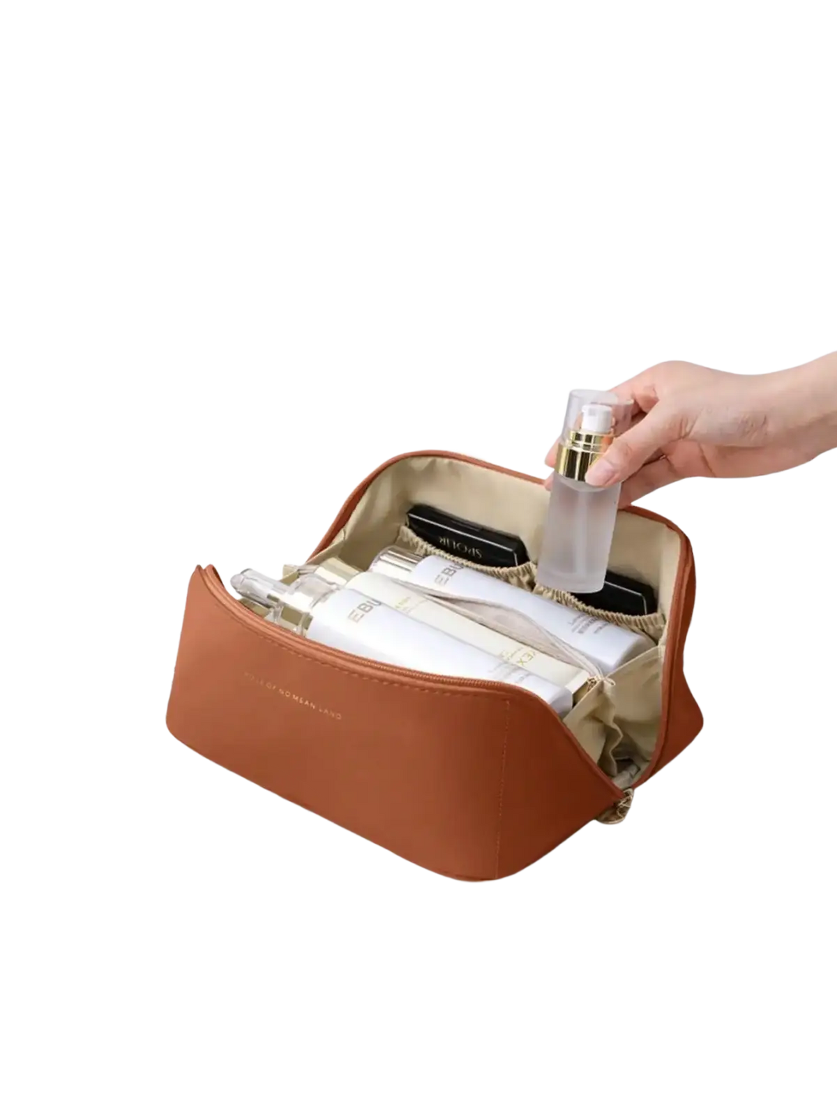 Brown leather cosmetic bag with gold zipper and interior lining for makeup organization and toiletry storage