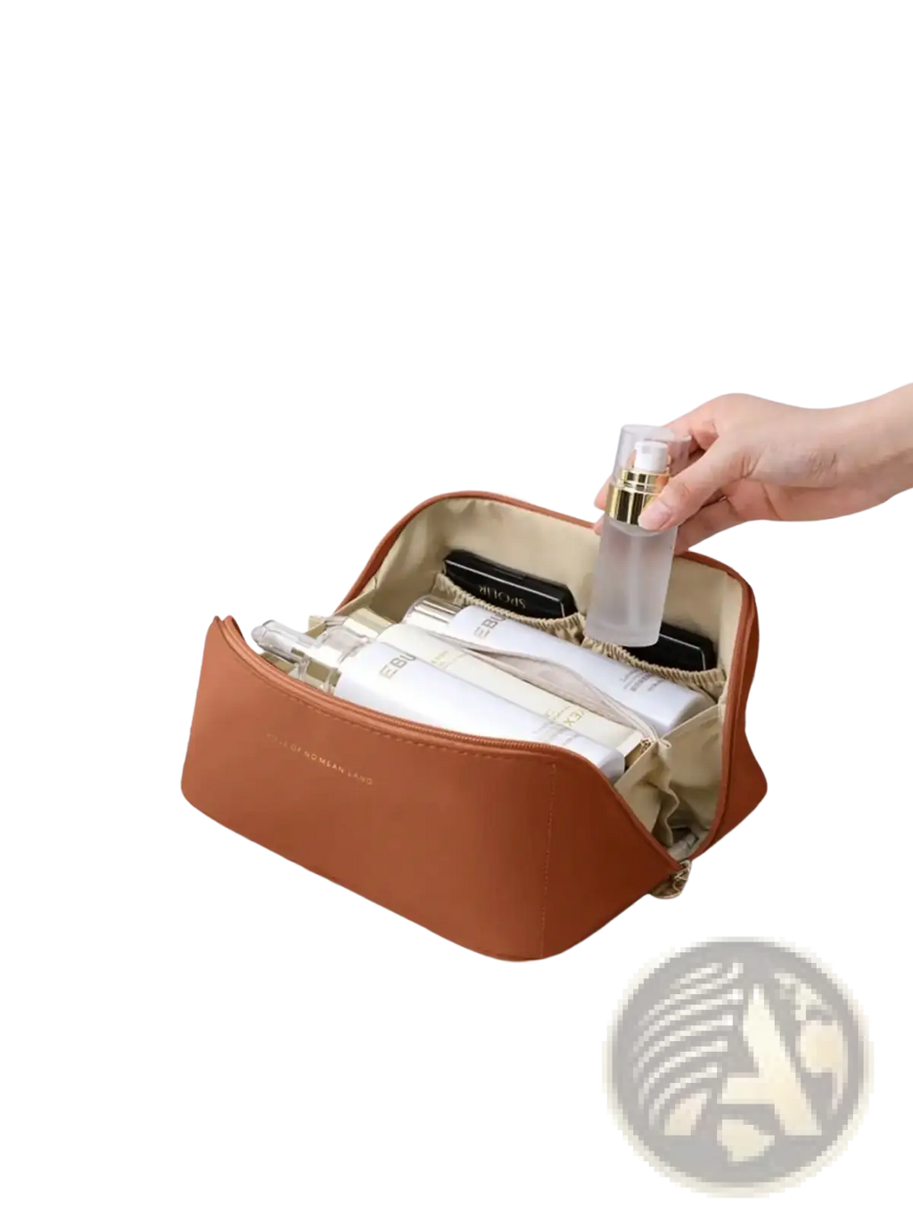 Brown leather cosmetic bag with gold zipper and interior lining for makeup organization and toiletry storage