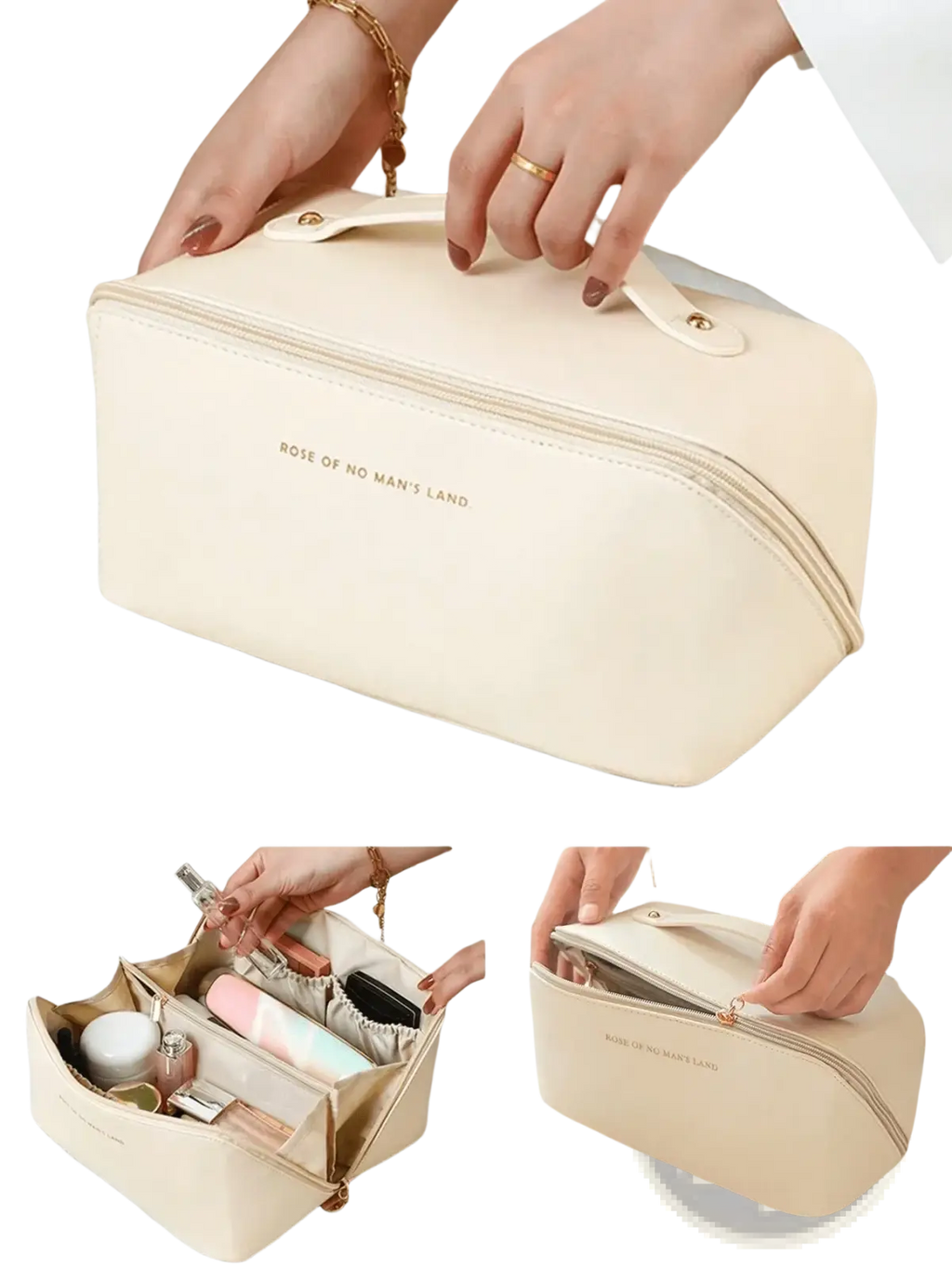 Cream-colored rectangular leather cosmetic bag makeup organizer with soft fabric exterior and gold-toned zipper accents