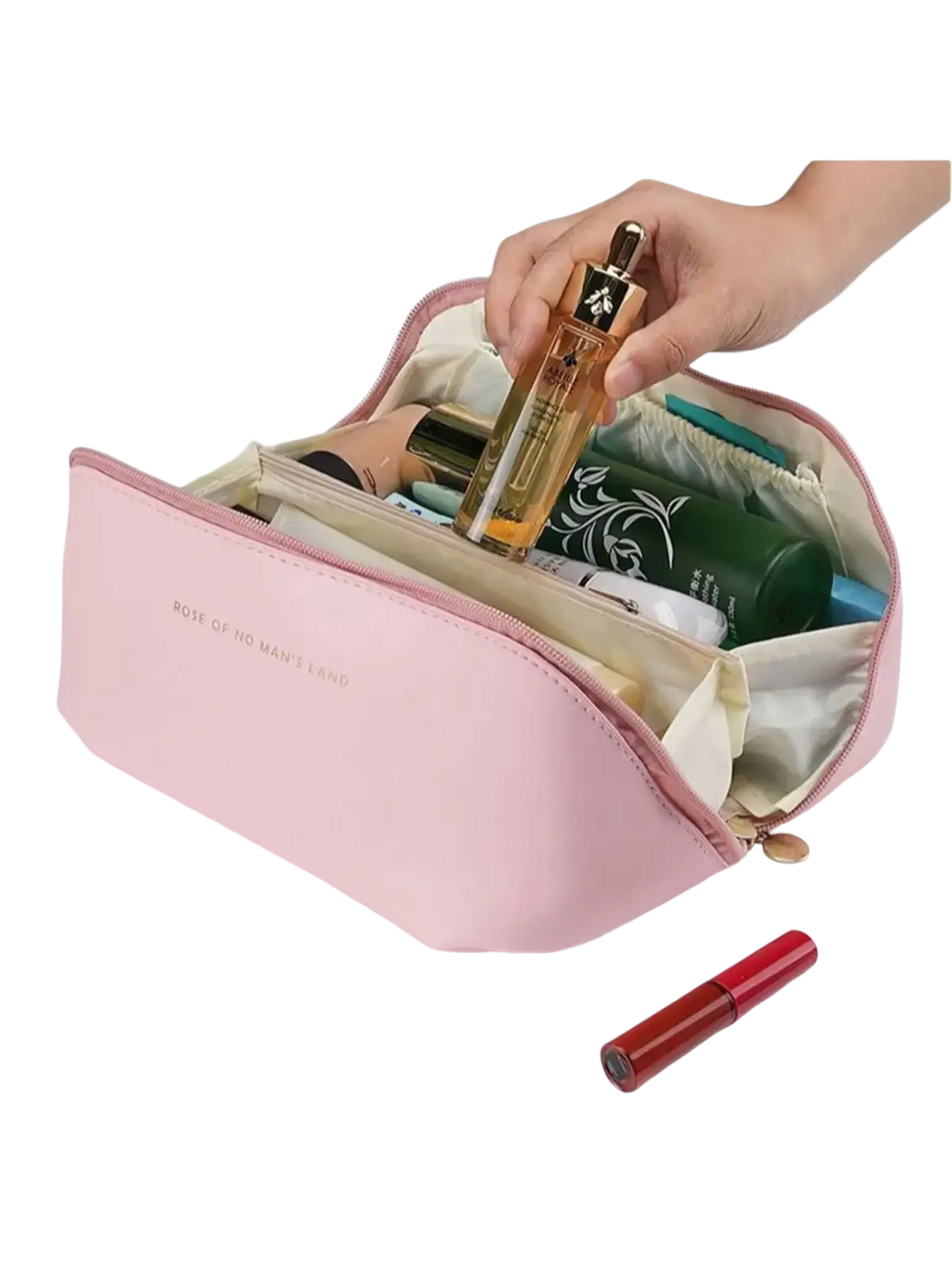 Pink leather cosmetic bag with gold zipper and rose of no mans land metallic text for makeup and toiletry organization