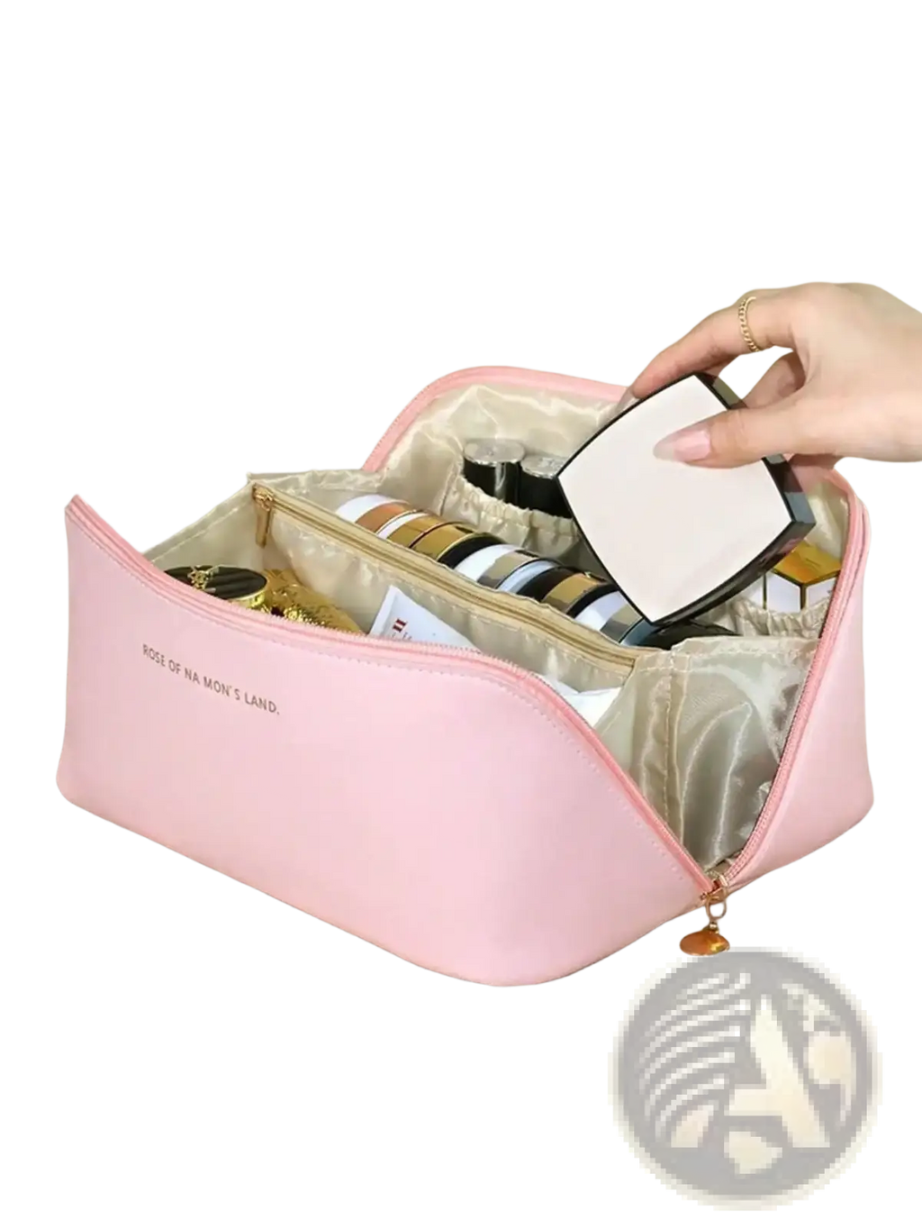 Pink faux leather makeup organizer with gold zipper and interior lining featuring text ross of na mons land