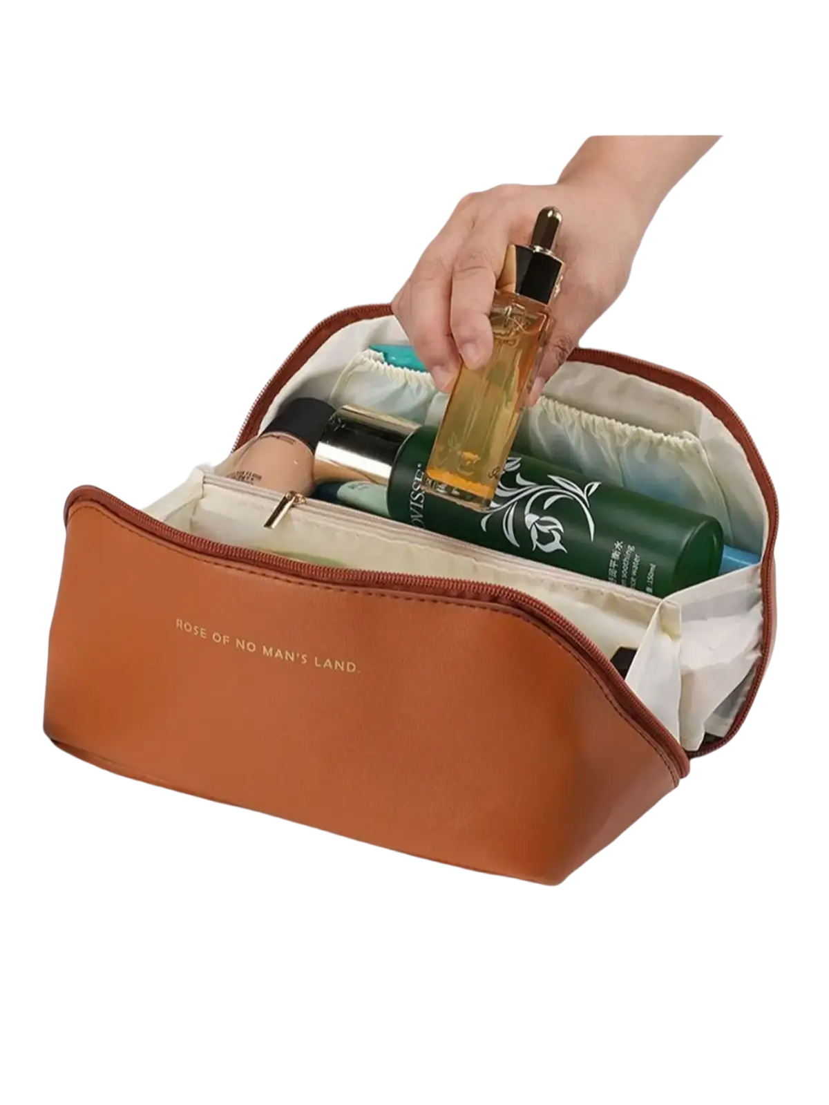 Tan leather makeup bag with gold foil lettering rose of no mans land and cream interior for organizing cosmetics