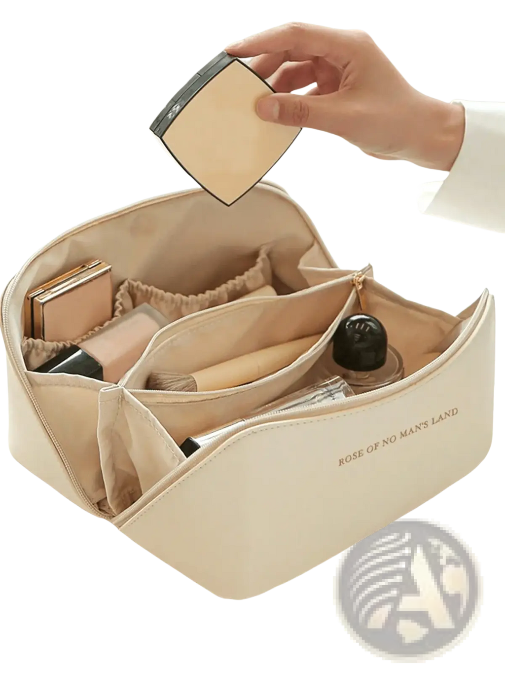 Beige leather cosmetic bag makeup organizer with internal compartments and rose of no mans land embroidery in gold thread