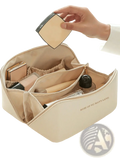 Beige leather cosmetic bag makeup organizer with internal compartments and rose of no mans land embroidery in gold thread