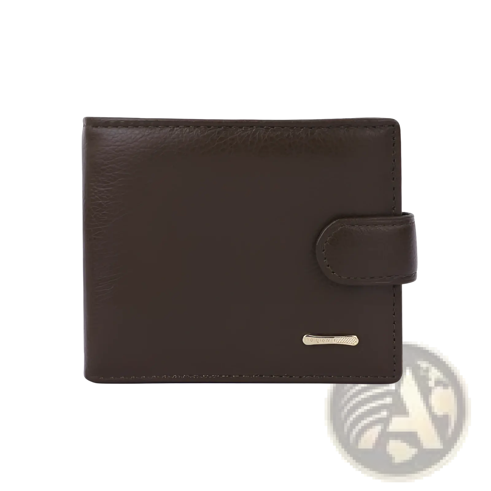 Brown leather cowhide wallet with flap closure and small metallic plate multifunctional bifold clutch