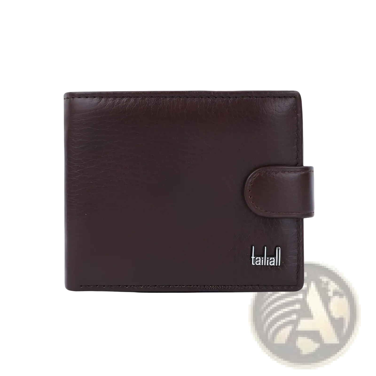 Brown leather cowhide bifold multifunctional wallet with flap closure and tailrail logo embossed in silver on front side