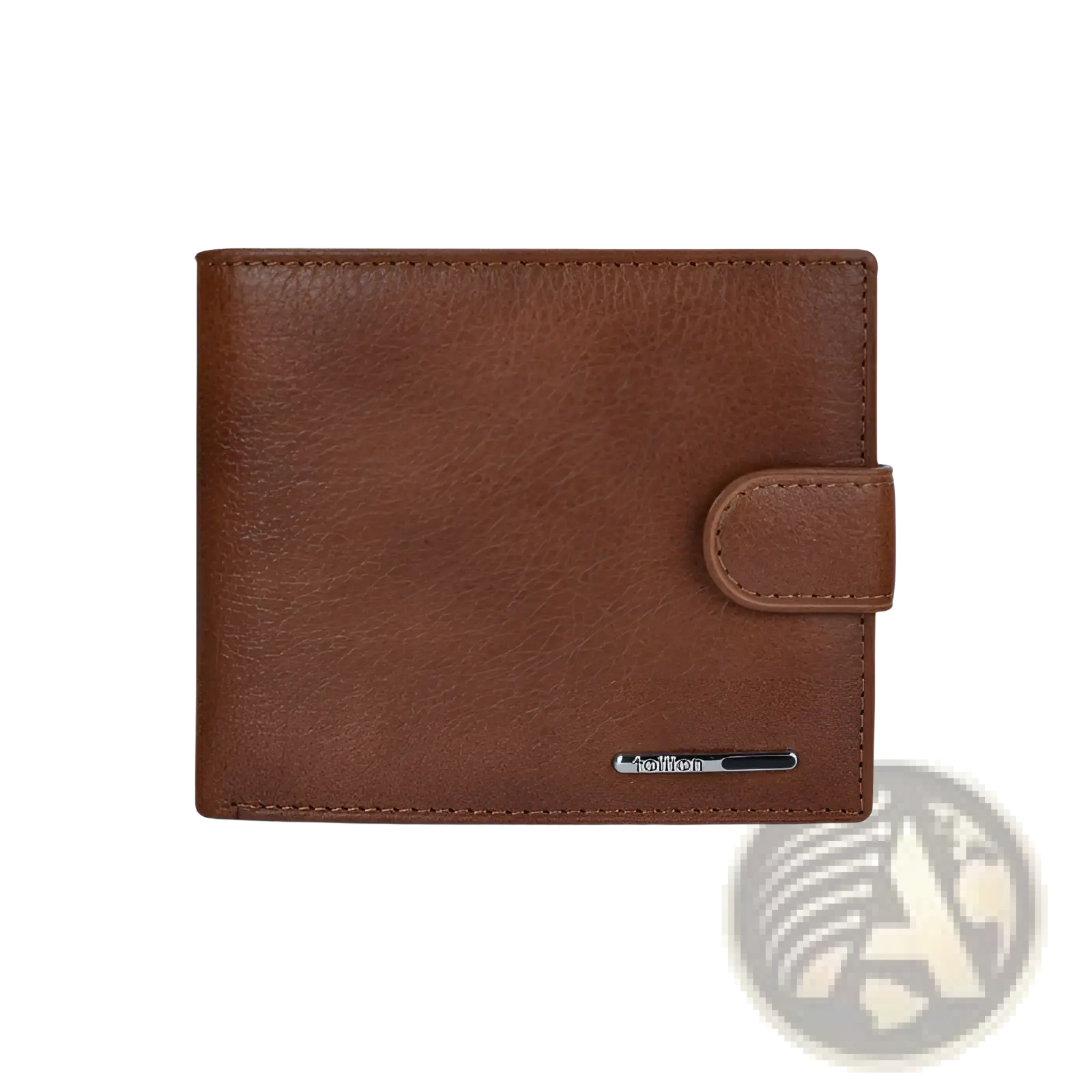 Brown leather cowhide multifunctional bifold wallet with flap closure and silver-toned brand plaque