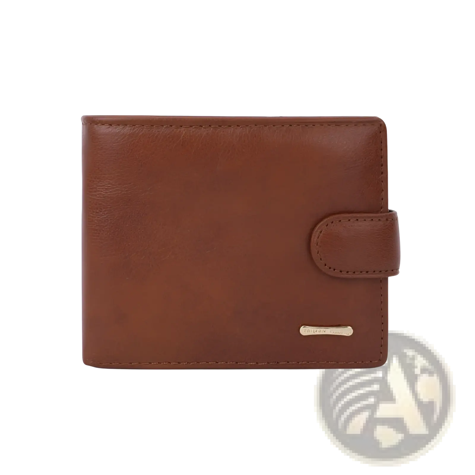 Brown leather cowhide multifunctional bifold clutch wallet with flap closure and gold tone metal plate