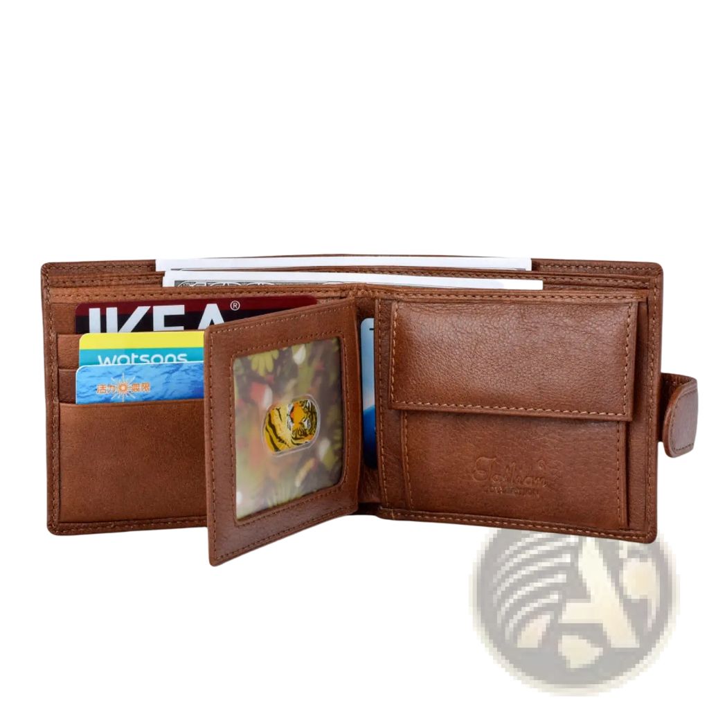 Leather cowhide wallet multifunctional bifold clutch in brown with multiple card slots and a clear id window