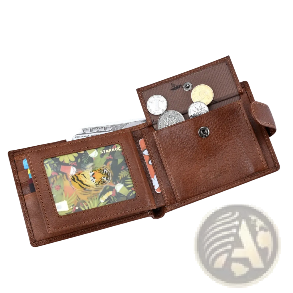 Brown leather cowhide bifold wallet with tiger themed transparent id window and multiple coin compartments