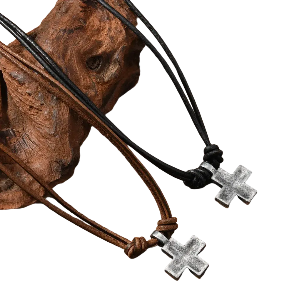 Black and brown leather cord necklaces with silver-toned rustic cross pendants made of material alloy