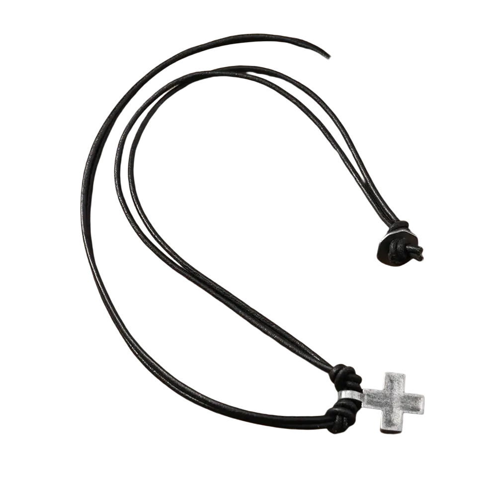 Black leather cord necklace with a silver-toned alloy cross pendant for stylish accessory use