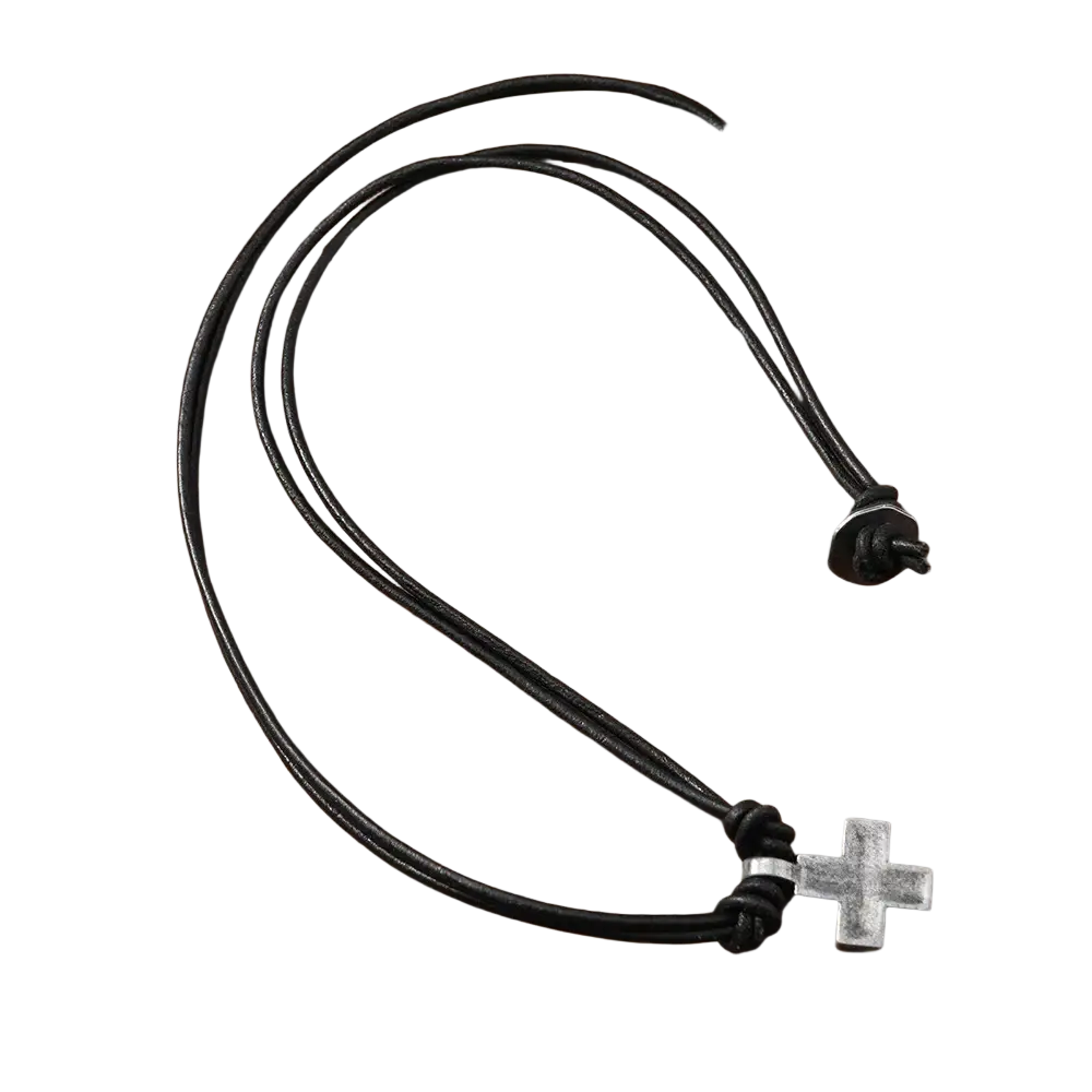 Black leather cord necklace with silver-toned alloy cross pendant showcasing durable material alloy design