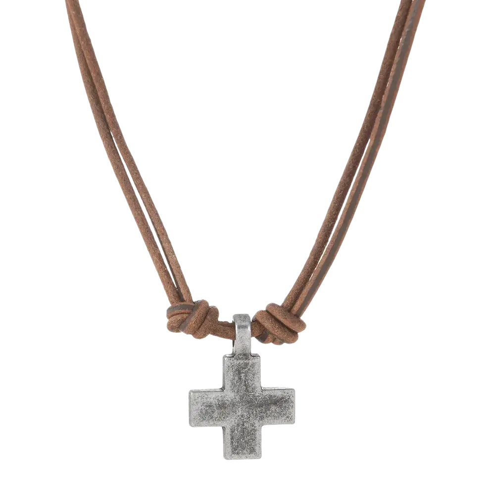 A rustic silver-toned alloy cross pendant on a brown leather cord necklace for men and women