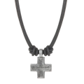 A rustic silver-toned alloy cross pendant hanging from a black leather cord in a leather cross necklace