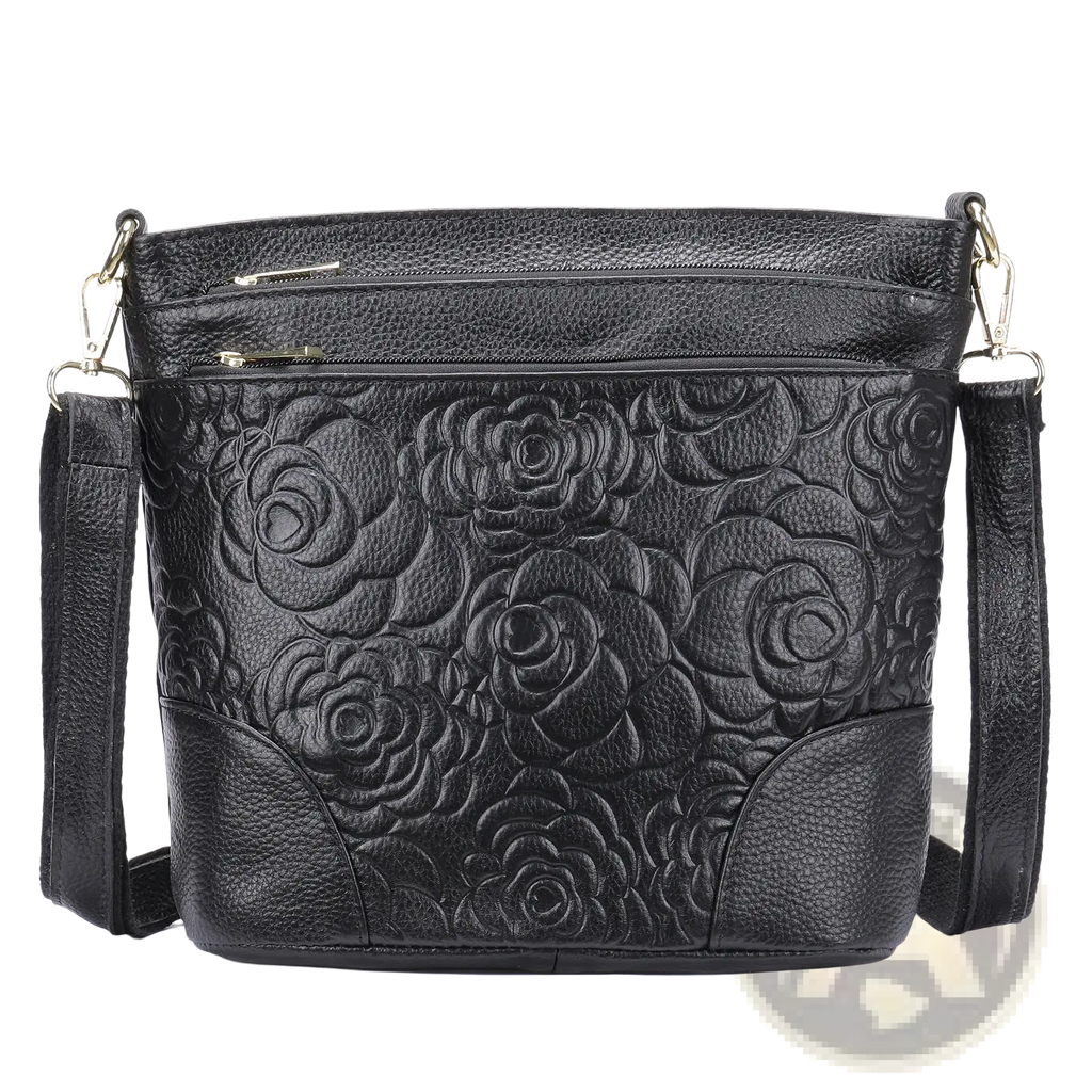 Black leather crossbody bag with embossed rose pattern and gold-tone zipper hardware for retro style use