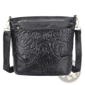 Black leather crossbody bag with embossed rose pattern and gold-tone zipper hardware for retro style use