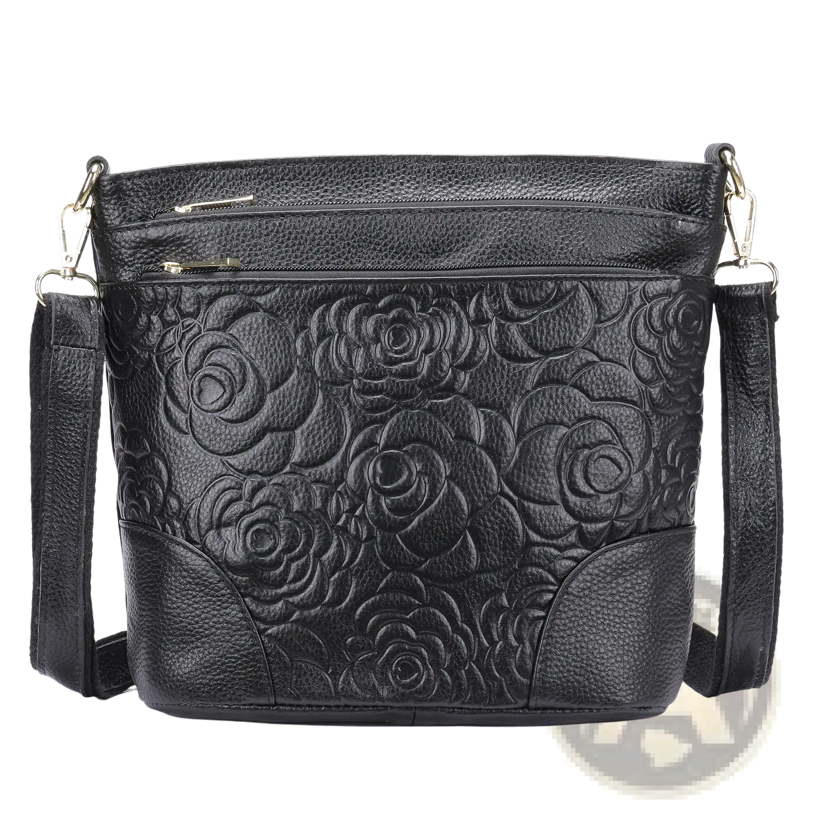 Black leather crossbody bag with embossed rose pattern and gold-tone zipper hardware for retro style use