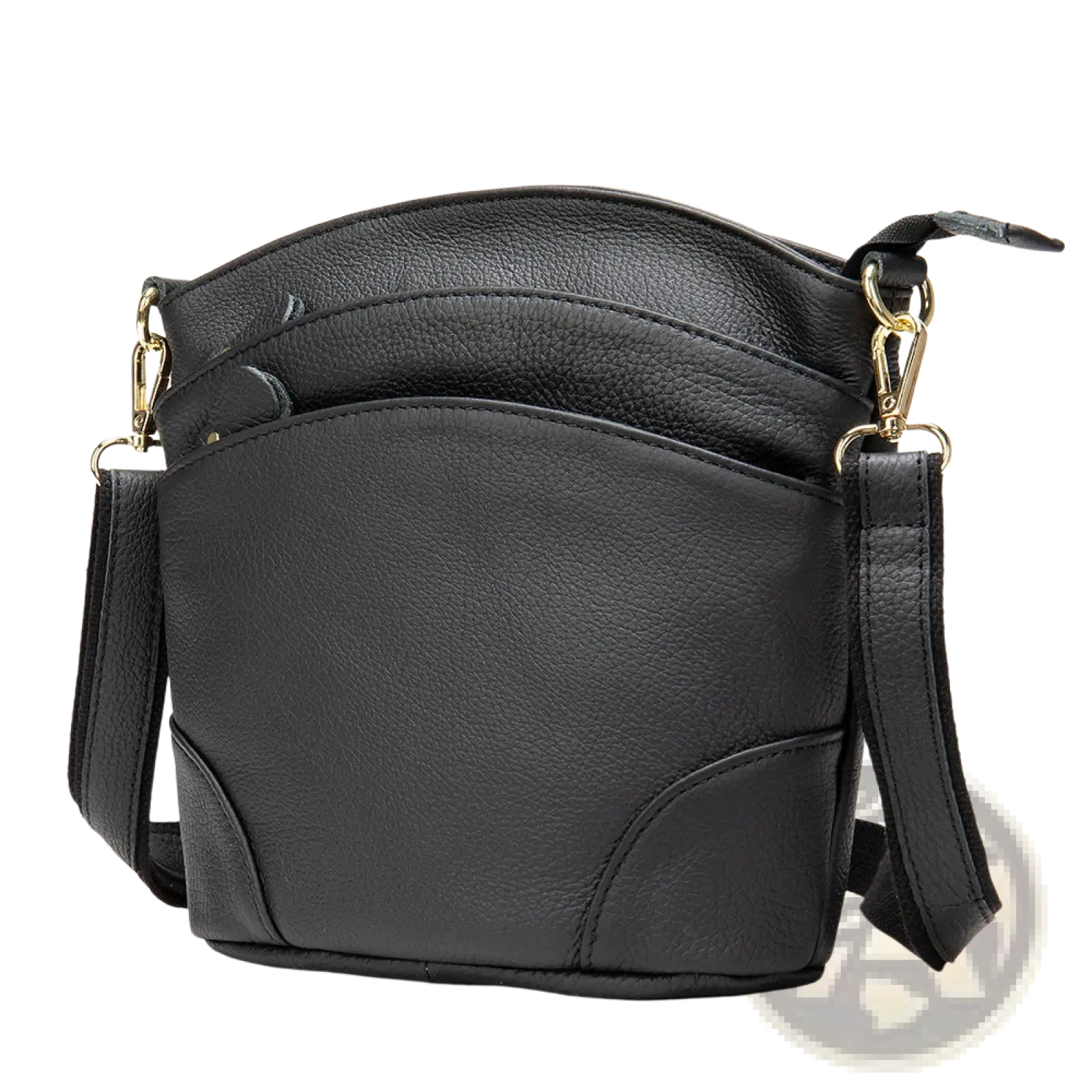 Black leather crossbody bag with gold tone hardware and textured retro cowhide surface for shoulder use