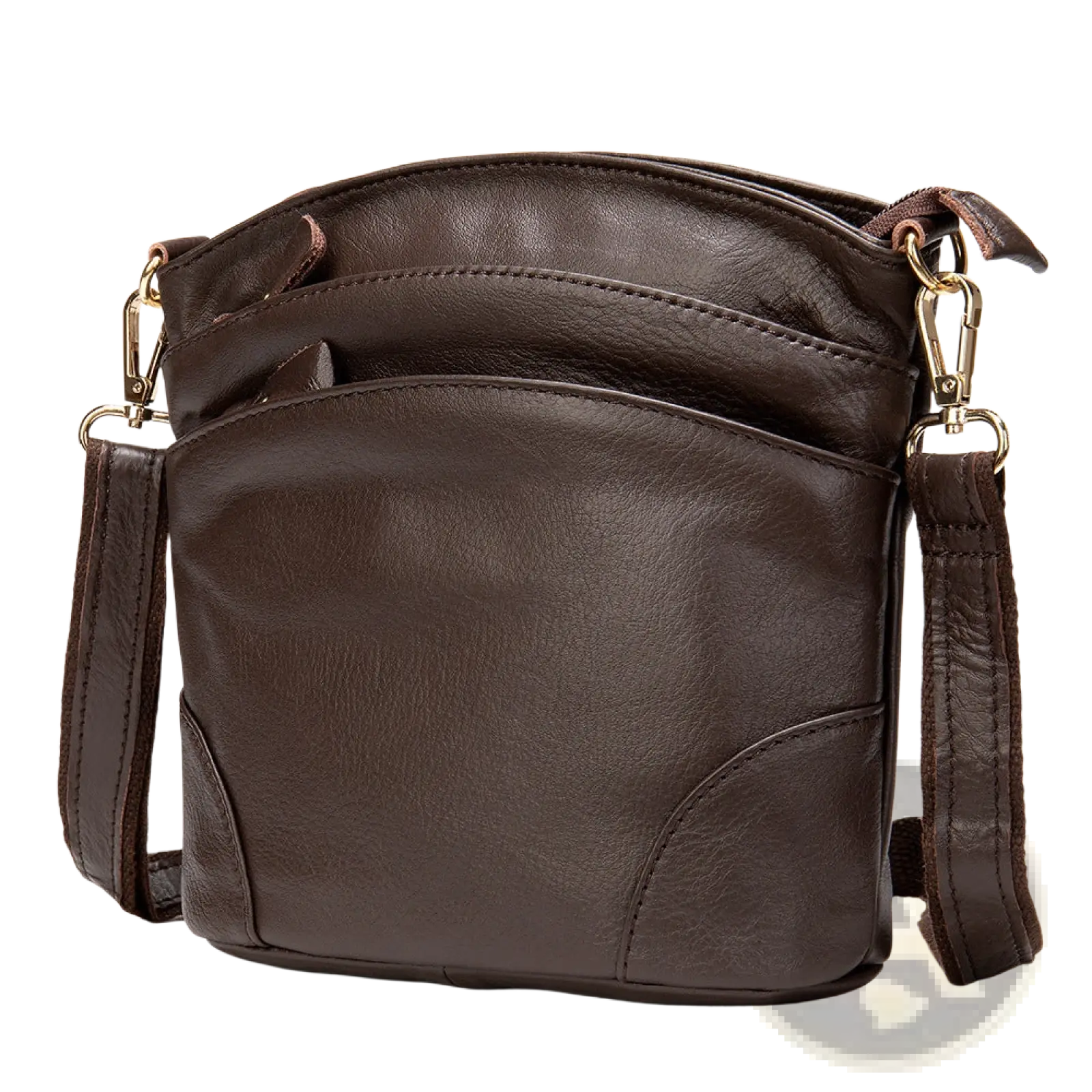 Brown leather crossbody bag with gold-tone hardware and detachable strap in retro cowhide shoulder purse style