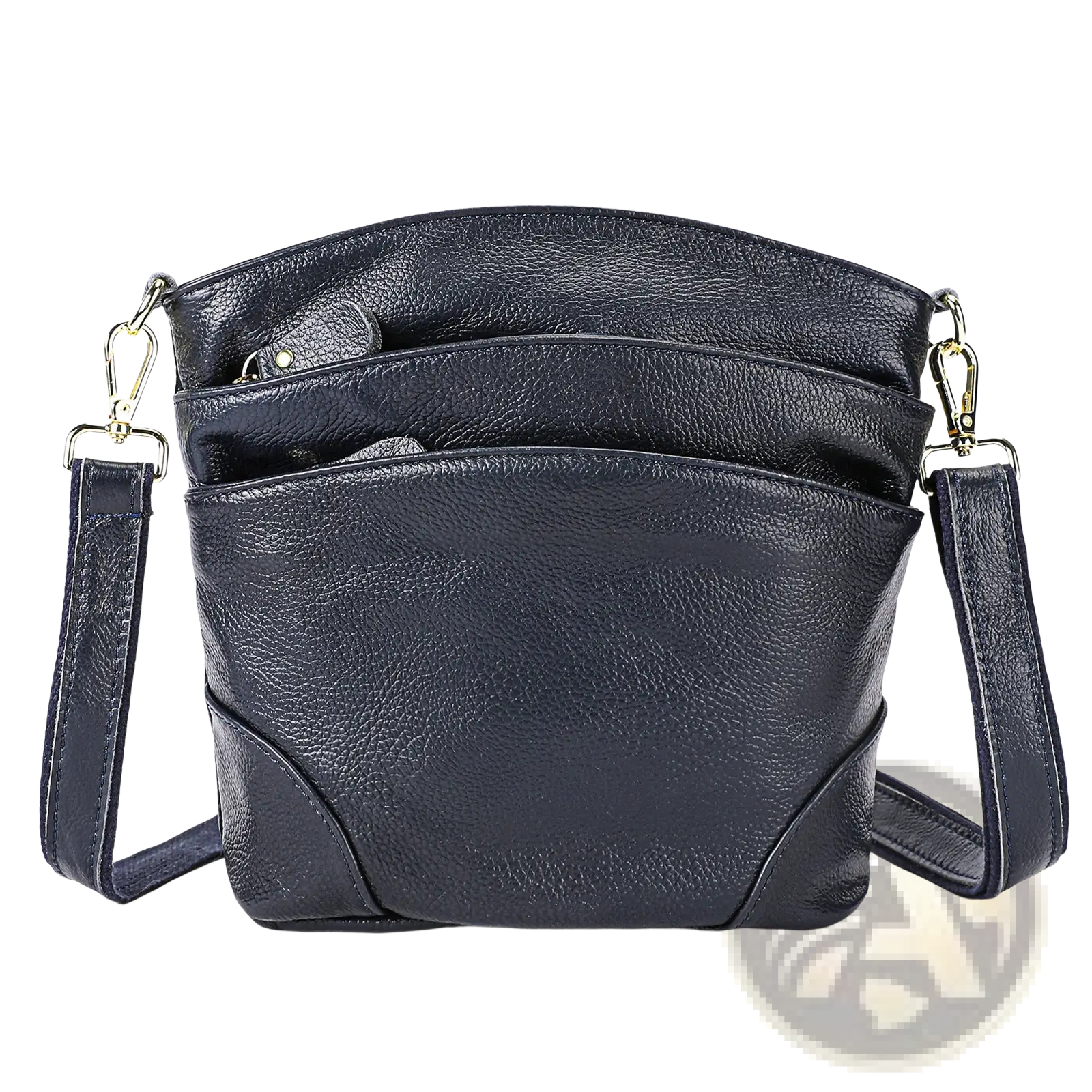 Black textured leather crossbody bag with gold-tone hardware and multiple compartments for organized storage