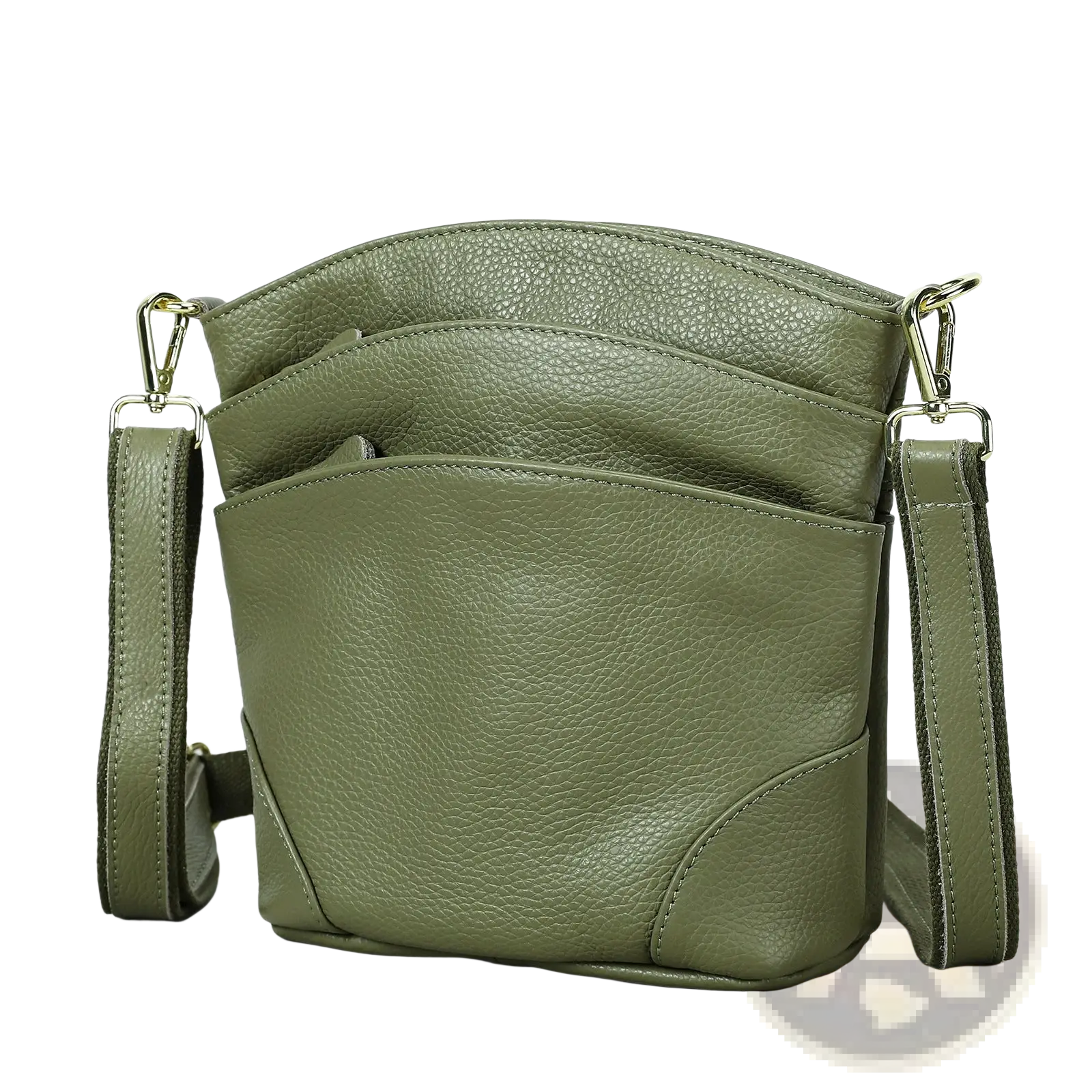 Olive green textured leather crossbody bag with gold tone hardware and adjustable strap for shoulder use