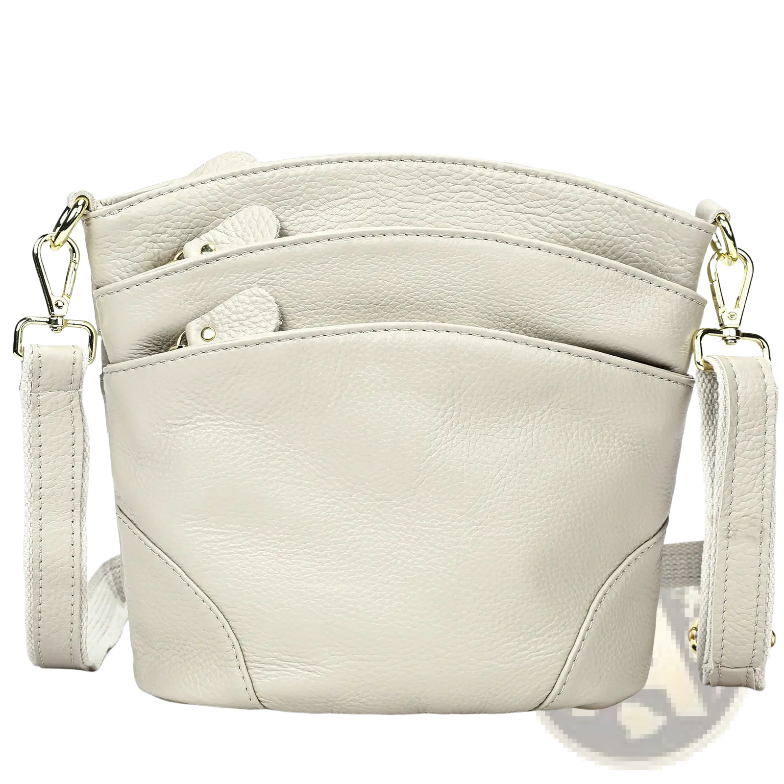 A cream-colored retro cowhide leather crossbody bag with multiple zippered compartments and gold-tone hardware