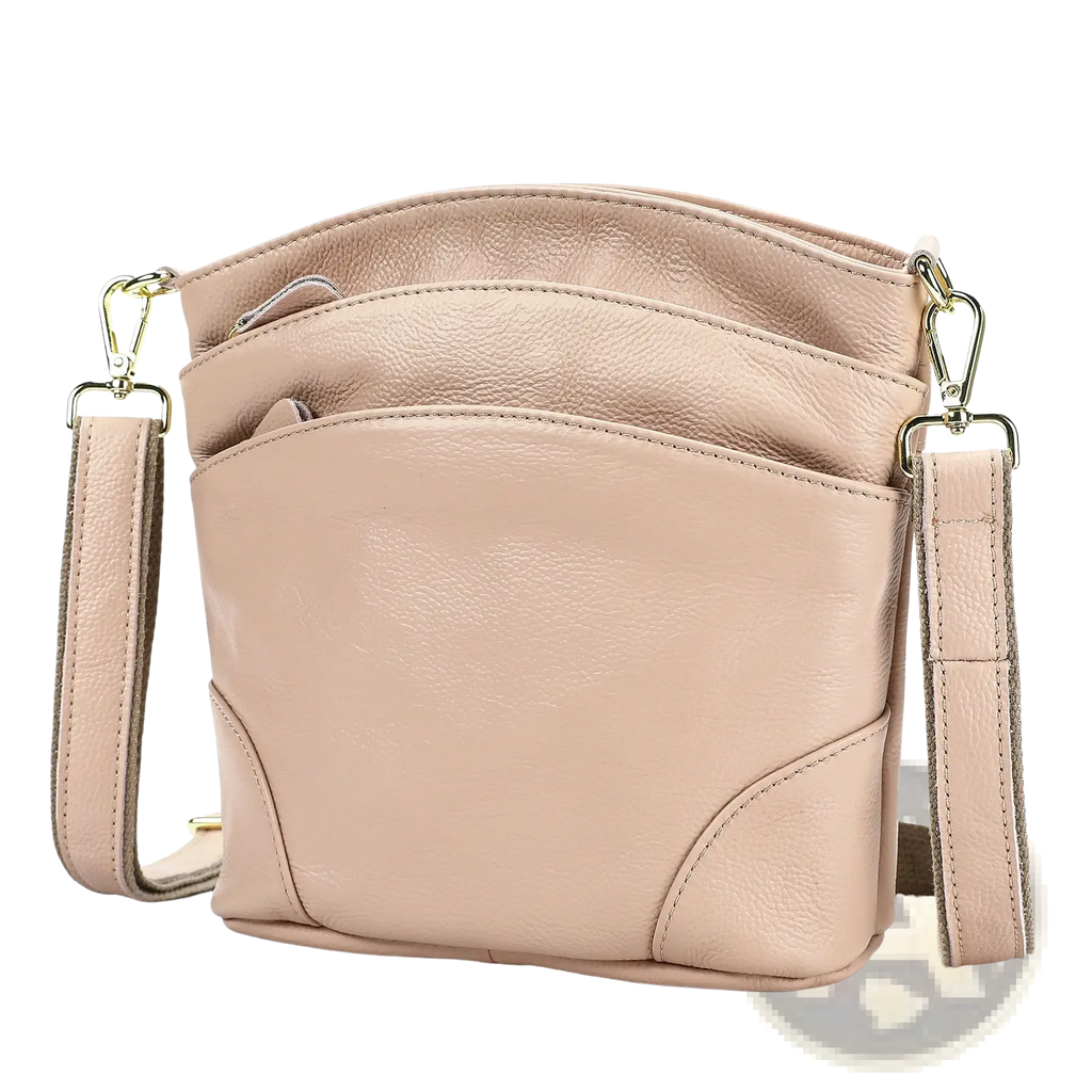 Beige leather crossbody bag with textured cowhide surface and gold-tone hardware for retro shoulder use